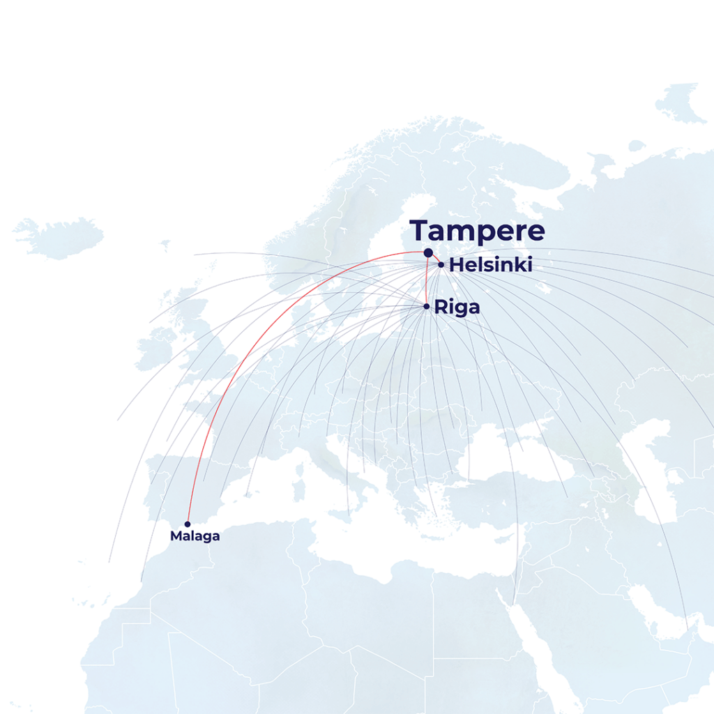 Tampere-Pirkkalan lentoasemalta lähtevien lentojen reittejä kuvaava kartta.